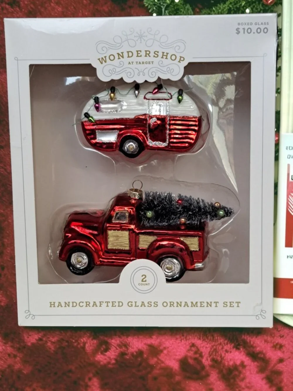 RED Pick-up TRUCK & CAMPER Set TARGET WONDERSHOP GLASS Ornaments 2017 Unused